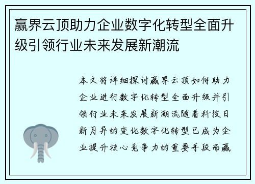 赢界云顶助力企业数字化转型全面升级引领行业未来发展新潮流